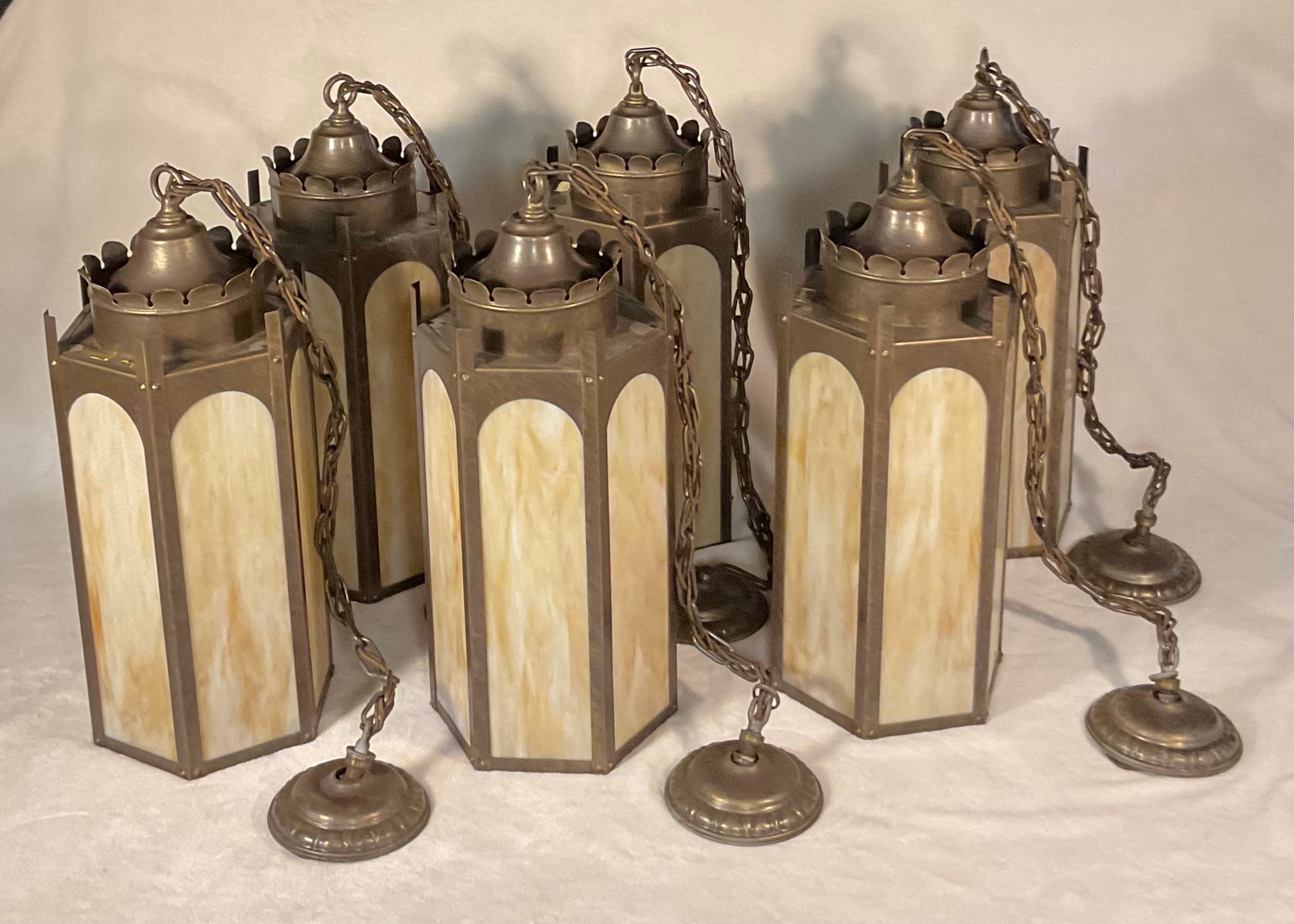 Vintage 60s Mcfadden Church Pendant Light Fixture Slag Glass - a