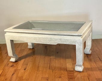 Grasscloth Glass Top Coffee Table Off White Lacquered Textured, MCM