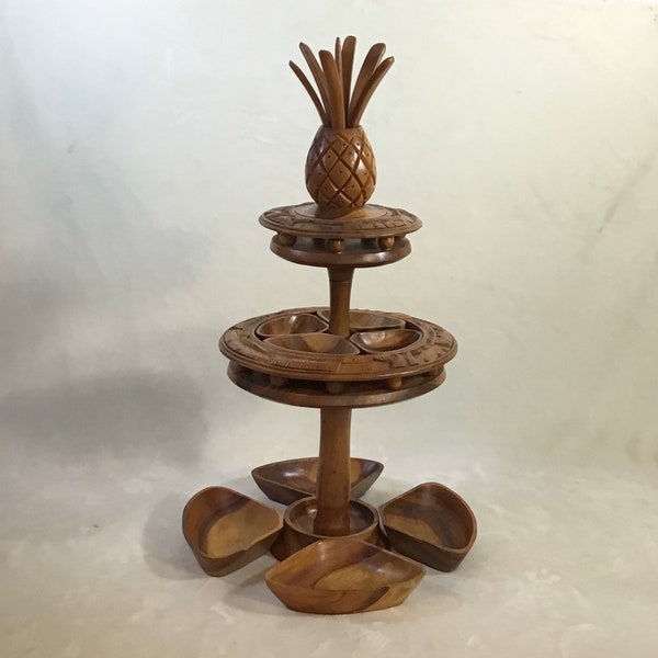 Vintage 60’s Tiered Monkey Pod Pineapple Lazy Susan Center Serving Tower