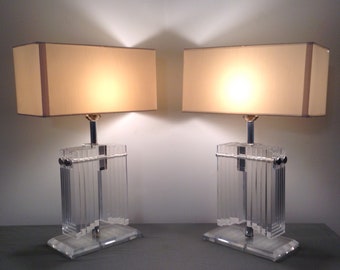 Vintage Mid-Century Modern Karl Springer Style Chrome and Lucite Stacked Table Lamp - A Pair