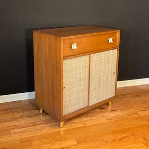 Mid-Century Modern Cabinet in Solid Oak with Cloth Doors, circa Late 50s
