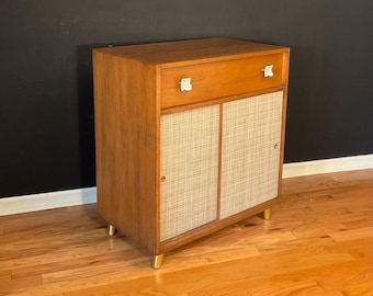 Mid-Century Modern Cabinet in Solid Oak with Cloth Doors, circa Late 50s