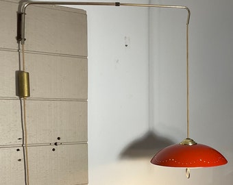 Stilnovo Telescopic Arm Wall Lamp with Perforated Red Metal Shade and Counter Weight, Mid-Century Modern, circa 50’s