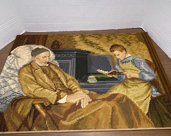 Antique 1893 Austrian Tapestry: Old Man Read to by Boy, Signed