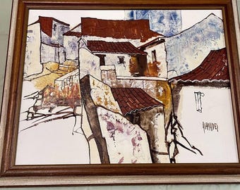 MCM Mid Century Abanades Abstract Painting Signed Artist Original Framing 1974
