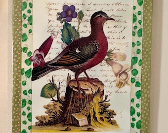 John Derian Porcelain Wall Hanging Painting Green Wing Dove Brass Hook 5 Lbs
