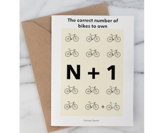Fiets wenskaart | N+1 Verjaardagskaart | Fietsillustraties | Grappige lege notitiekaart | Genoeg fietsen | Kerstcadeau voor fietser