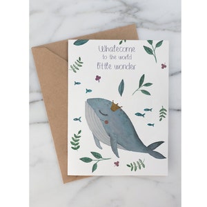 Tarjeta de felicitación del baby shower / Whalecome New baby Girl / Ilustración de acuarela de Princess Whale / Tarjeta de nota en blanco original / Bienvenida
