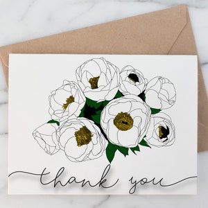 Peonies Thank You Greeting Card | Fine Line Ink Drawing | Carte remerciement | Original Blank Note Card | Bridesmaid Thank You Card