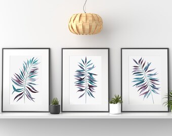 Set of 3 Watercolor Palm Leaf Prints | Handmade | Botanical Print | Minimalist Watercolor | Giclée | Fine Art Print | Tropical Leaves Paint