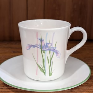 May include: White ceramic teacup and saucer set. The teacup features a floral design with a purple iris and pink, blue, and green accents. The saucer has a green rim. The set is on a wooden surface.
