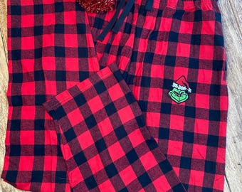 Embroidered Grinch Red Buffalo Plaid PJ Bottoms (sweatshirt sold separately) Christmas Sweatshirt Christmas Pajamas Holiday Sweatshirt