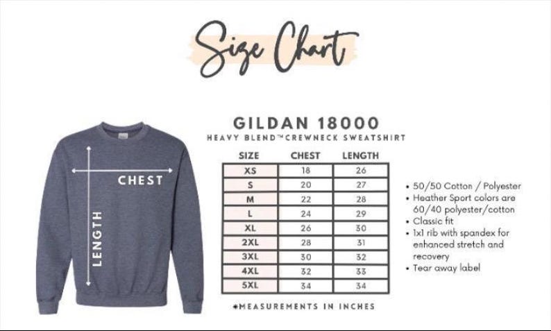K&ouml;nnte beinhalten: Blaues Sweatshirt mit Rundhalsausschnitt und Gr&ouml;&szlig;entabelle. Die Tabelle zeigt Brust- und L&auml;ngenma&szlig;e in Zoll f&uuml;r die Gr&ouml;&szlig;en XS bis 5XL. Das Sweatshirt ist ein Gildan 18000 Heavy Blend aus 50/50 Baumwolle/Polyester.