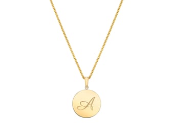 Wisiorek z zawieszką z litego żółtego złota 14k (mały/12 mm) | Grawerunek inicjałów | TYLKO wisiorek, moneta w kształcie koła, prezent na Boże Narodzenie, rocznicę i urodziny