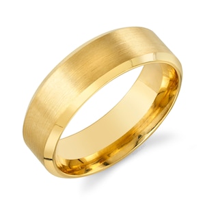 14k Yellow Gold Band (7mm) | BEVELED EDGE | Matte Brushed | Comfort Fit | Men&#39;s Women&#39;s Wedding Ring