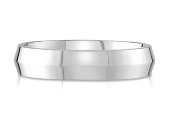 May include: A silver wedding band with a flat, slightly bevelled edge.