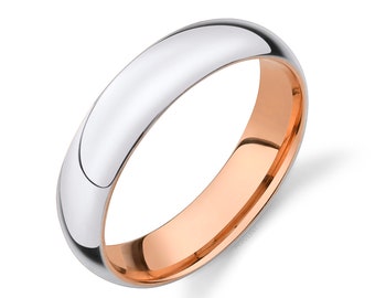 14k 2-Tone White & Rose Gold Band (5mm) | CLASSIC DOME | Polished | Comfort Fit | Men's Women's Wedding Ring Inside