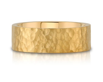 14k Yellow Gold Band (8mm) | FLAT HAMMERED | Matte Satin + Comfort Fit | Men's Women's Wedding Ring Cigar Band