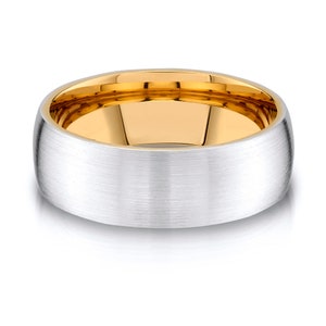 14k 2-Tone White & Yellow Gold Band (8mm) | LOW DOME | Matte Brushed | Comfort Fit | Men&#39;s Women&#39;s Wedding Ring Inside European