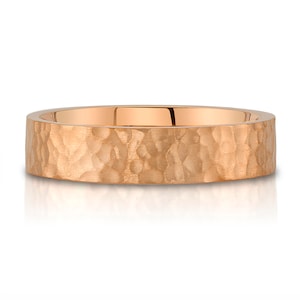 14k Rose Gold Band (5mm) | FLAT HAMMERED | Matte Satin + Comfort Fit | Men&#39;s Women&#39;s Wedding Ring Cigar Band