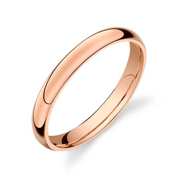 14k Rose Gold Band (3mm) | CLASSIC DOME | Polished | Comfort Fit | Men's Women's Wedding Ring Pink Simple