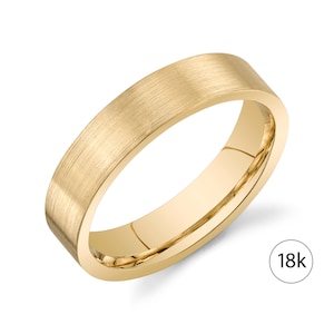 18k Yellow Gold Band (5mm) | FLAT | Matte Brushed | Comfort Fit | Men&#39;s Women&#39;s Wedding Ring Cigar Band