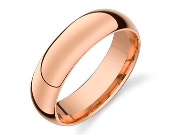 14k Rose Gold Band (6mm) | CLASSIC DOME | Polished | Comfort Fit | Men's Women's Wedding Ring Pink Simple