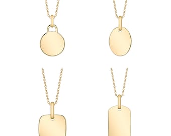 14k Solid Yellow Gold Charm Pendants (Round, Oval, Cushion, Dog Tag) Initial Engraving Christmas Anniversary Birthday Bridesmaid Gift Coin