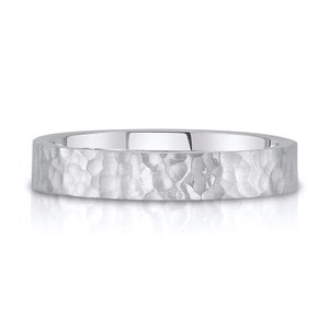 14k White Gold Band (4mm) | FLAT HAMMERED | Matte Satin + Comfort Fit | Men's Women's Wedding Ring Cigar Band