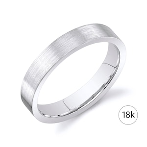 18k White Gold Band (4mm) | FLAT | Matte Brushed | Comfort Fit | Men's Women's Wedding Ring Cigar Band