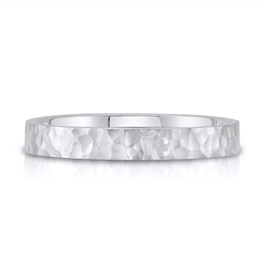 14k White Gold Band (3mm) | FLAT HAMMERED | Matte Satin + Comfort Fit | Men&#39;s Women&#39;s Wedding Ring Cigar Band