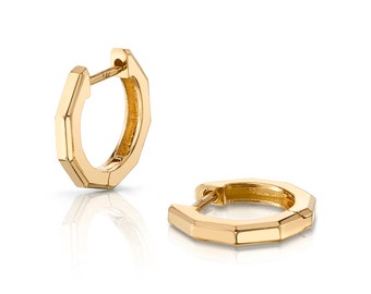 14k Yellow Gold Geometric Huggies | Pair of Modern Hoop Earrings