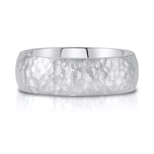 14k White Gold Band (7mm) | DOME HAMMERED | Matte Satin + Comfort Fit | Men&#39;s Women&#39;s Wedding Ring