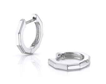 14k White Gold Geometric Huggies | Pair of Modern Hoop Earrings