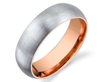 14k 2-Tone White & Rose Gold Band (6mm) | CLASSIC DOME | Matte Brushed | Comfort Fit | Men's Women's Wedding Ring Inside