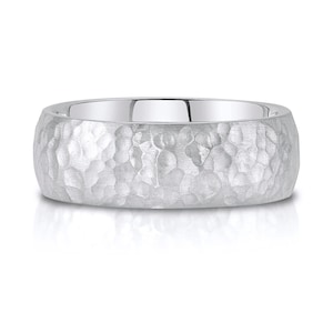 14k White Gold Band (8mm) | DOME HAMMERED | Matte Satin + Comfort Fit | Men&#39;s Women&#39;s Wedding Ring