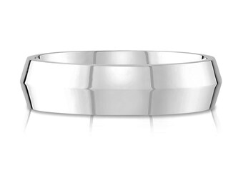 May include: A silver wedding band with a flat, slightly bevelled edge.