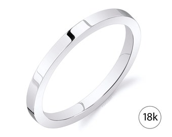 18k White Gold Band (2mm THIN) | FLAT | Polished | Comfort Fit | Men's Women's Wedding Ring Cigar Band Thin