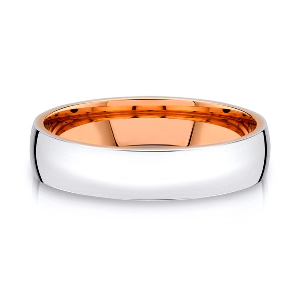 14k 2-Tone White & Rose Gold Band (5mm) | LOW DOME | Polished | Comfort Fit | Men's Women's Wedding Ring Inside European