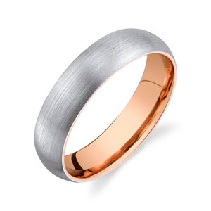 14k 2-Tone White & Rose Gold Band (5mm) | CLASSIC DOME | Matte Brushed | Comfort Fit | Men's Women's Wedding Ring Inside