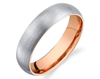 14k 2-Tone White & Rose Gold Band (5mm) | CLASSIC DOME | Matte Brushed | Comfort Fit | Men's Women's Wedding Ring Inside