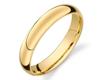 May include: A simple gold wedding band with a polished finish.