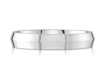 May include: A simple, silver wedding band with a flat, slightly beveled edge.