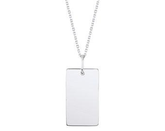 14k Solid White Gold Rectangle Pendant | Initial Engraving | Dog Tag Charm Personalize ID Christmas Anniversary Birthday Gift