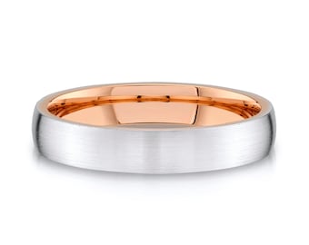 14k 2-Tone White & Rose Gold Band (4mm) | LOW DOME | Matte Brushed | Comfort Fit | Men's Women's Wedding Ring Inside European