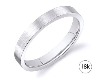 18k White Gold Band (3mm) | FLAT | Matte Brushed | Comfort Fit | Men's Women's Wedding Ring Cigar Band Thin