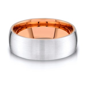14k 2-Tone White & Rose Gold Band (8mm) | LOW DOME | Matte Brushed | Comfort Fit | Men's Women's Wedding Ring Inside European
