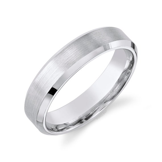 14k White Gold Band 5mm BEVELED EDGE Matte Brushed Comfort Fit