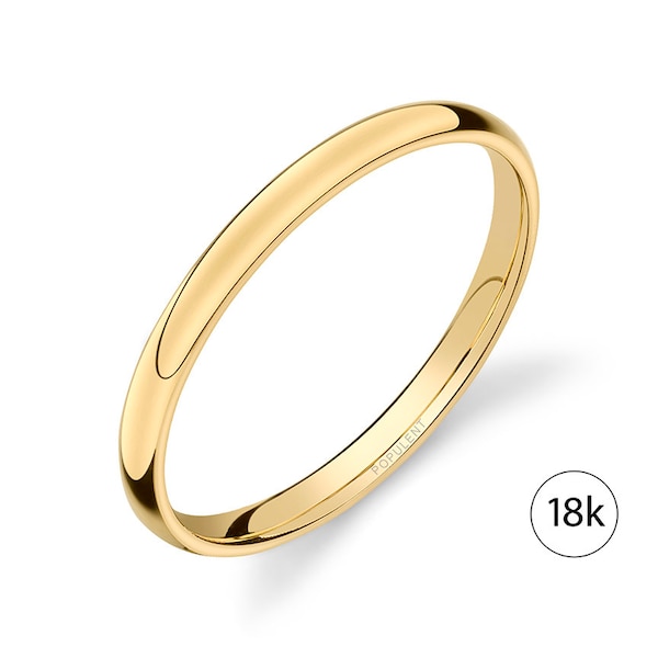 18k Yellow Gold Band (2mm) | CLASSIC DOME | Polished | Comfort Fit | Men's Women's Wedding Ring Simple