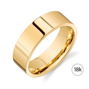 May include: A simple, polished gold wedding band made of 18k gold.